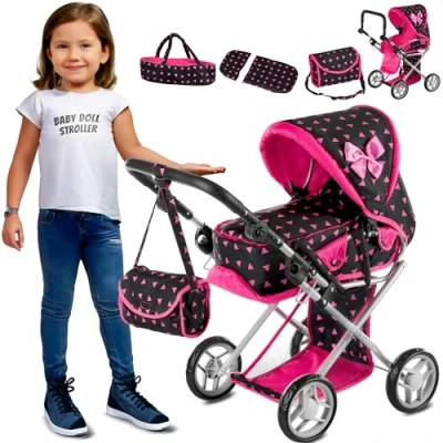 Afbeelding van Kinderplay poppenwagen vanaf 1, 2, 3 jaar, kinderwagen, speelgoed, in met uitneembare draagtas en schoudertas, hoogte verstelbaar 36,5 cm tot 64 cm, KP0200R