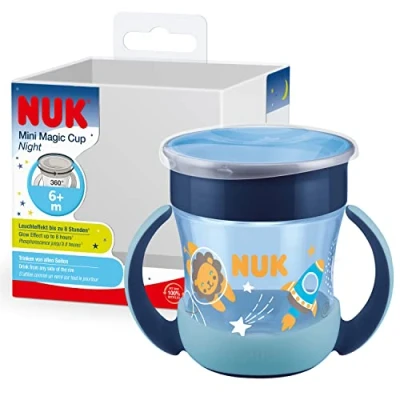 Afbeelding van NUK Mini Magic Cup Night lekvrije drinkbeker, 360 rand, 6+ maanden, licht op in het donker, eenvoudige greep, BPA vrij, 160 ml, blauw
