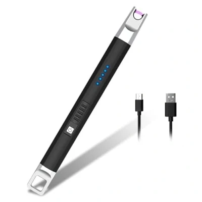 Afbeelding van Rouclo Lichtboogaansteker, kaarsenaansteker, winddicht, vlamloos, oplaadbaar, via USB met ledlicht voor kaarsen aansteken, campinggrill (zwart)