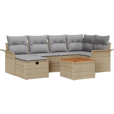 Afbeelding van vidaXL 7 Delige Tuin Sofa Set met Kussens Beige Poly Riet, 2 Zits Opbergruimte &amp; Riet