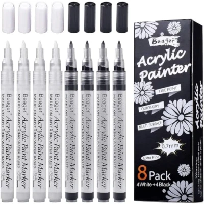 Afbeelding van Beager acrylverf, wit, zwart, 8 stuks, 0,7 mm, permanente waterdichte pennen