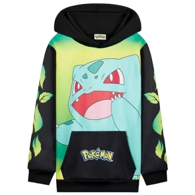 Afbeelding van Pokémon sweatshirt met capuchon voor kinderen, comfortabel kangoeroezak, Zwart/Geel Bulbasaur, 11 12 jaar