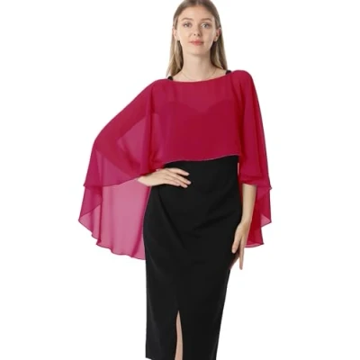 Afbeelding van Hotshawl Capelets voor vrouwen, chiffon cape, sjaals en wraps avondjurk, bruiloft, cover up., Donker Rood, Eén Maat