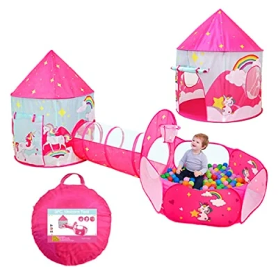 Afbeelding van Benebomo Kinderspeeltent huis en tunnel pop up set, opvouwbare 3 in 1 kindertent eenhoorn, peuters speelhuis ballenbak tunnel, tuin voor jongens meisjes binnen/buiten, met draagtas