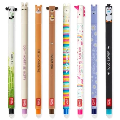 Afbeelding van LEGAMI Set van 7 uitwisbare gelpennen met thermogevoelige wisinkt, reeks inktkleuren en vatontwerpen, 0,7 mm tip, konijn, leeuw, corgi, panda, pinguïn, lama, nijlpaard, haaienontwerpen