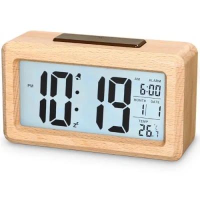 Afbeelding van Exyvox digitale wekker, houten wekker met groot display, nachtwekker sensormodule, klok snooze module, 12/24 uurs weergave, datum, temperatuur,