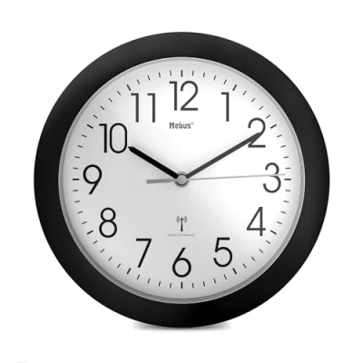 Afbeelding van Mebus Radiogestuurde wandklok met zwart frame en 25 cm diameter/Kleur: zwart/model 52450
