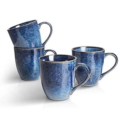 Afbeelding van vicrays Porseleinen theemok set van 4, 350 ml, steengoed koffiemok voor mannen en vrouwen, unieke geglazuurde mokken met handvat koffie, thee, melk, cacao, granen (blauw)