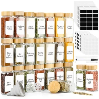 Afbeelding van Lannvan Kruidenpotjes, vierkant, 24 x 120 ml, kruidenpotjes met strooiinzetstuk, bamboedeksel, kruidenstrooier, 310 zelfklevende kruidenetiketten, siliconen