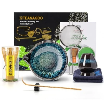 Afbeelding van TEANAGOO matcha gardeset, 7 delige set, set voor ceremonie, theeset het maken van ontbijt/matcha latte, keramische kom met tuit en garde, cadeau liefhebber