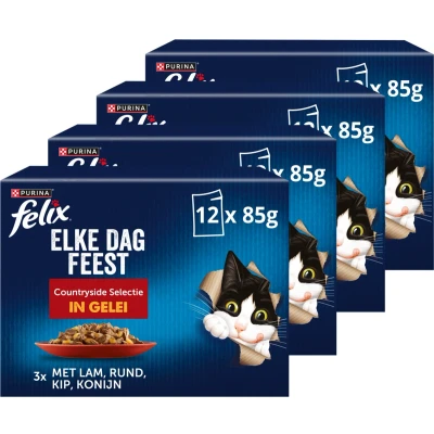 Afbeelding van Felix Elke Dag Feest in Gelei Countryside Selection Kattenvoer Natvoer Lam Kip Rund &amp; Konijn 48 x 85 g