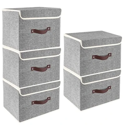 Afbeelding van 5 stuks opvouwbare opbergdozen met deksel, dozen voor kleding, speelgoed, rek, grijs