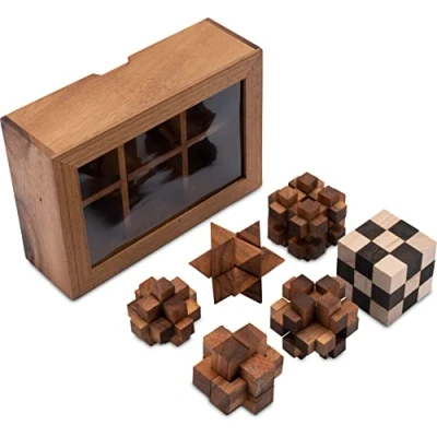 Afbeelding van LOGOPLAY 6 puzzelspellen in set speelverzameling 3D puzzel denkspelletjes geduldspellen logica spellen luxe geschenkdoos van hout met transparant deksel