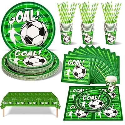 Afbeelding van Nkaiso Party Servies, 126 stuks Voetbal thema kinderverjaardag feest borden feestartikelen set inclusief papieren servetten voor verjaardag decoraties doop bruiloft 25 gasten