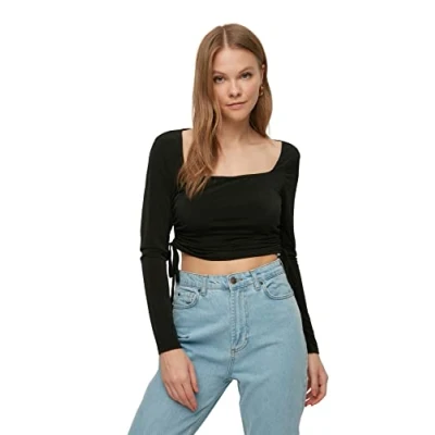 Afbeelding van Trendyol Getailleerde Blouse Van Zwart Katoen Met Vierkante Hals En Stretch Twoaw24Bz00165