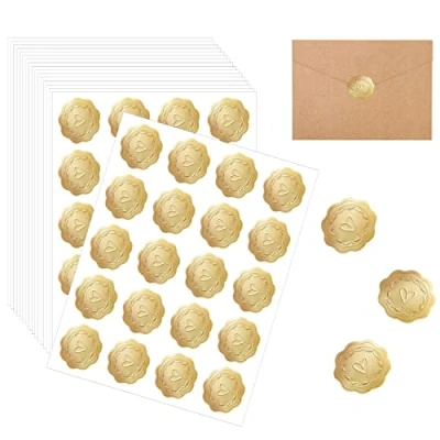 Afbeelding van PFLYPF 340 stuks gouden reliëfstickers, ronde zelfklevende zegelstickers, hartvormige textuurstickers, gebruikt om enveloppen, ansichtkaarten en wenskaarten te versieren.