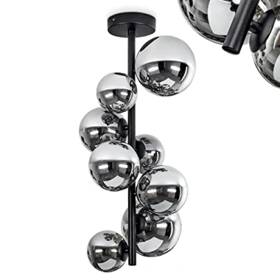 Afbeelding van plafondlamp Chehalis, moderne van metaal/glas in zwart/rook, retro/vintage designlamp met kappen gerookt glas, 8 lampen, x G9, exclusief gloeilampen