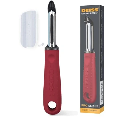Afbeelding van Deiss PRO draaibare groenteschiller scherpe roestvrijstalen dunschiller met gemakkelijke antislip handgreep, aardappelschillers voor keuken, fruit, wortel, duurzaam en vaatwasmachinebestendig (RED)