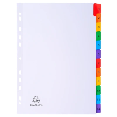 Afbeelding van Exacompta ref. 1112E Wit kartonnen tabbladen 160g/m2 FSC® met 12 numerieke gedrukte tabs van 1 tot kleuren Afdrukbare indexpagina Formaat A4 Afmetingen: 22,5x29,7 cm