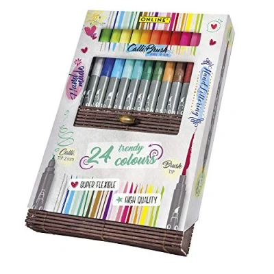 Afbeelding van ONLINE Calli.Brush Borsh pennenset, 24 dubbelzijdige penseelstiften met kalligrafiepunt en penseelpunt, kleurrijke handlettering, pennen voor kalligrafie, bullet journals enz. I in bamboe doos