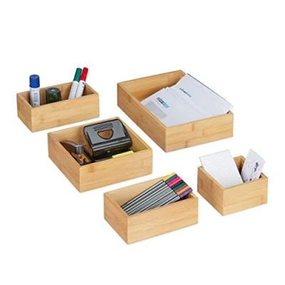 Afbeelding van Relaxdays Bureau organizers set van 5 bamboe opbergbakjes desk houders
