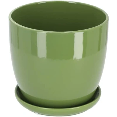 Afbeelding van KOTARBAU® Keramische bloempot, sierpot voor bloemen en planten, diameter 13 cm, met lekbak, groen