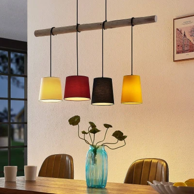 Afbeelding van Lindby hanglamp 4lichts ijzer, eucalyptushout, textiel H: 22 cm E27 hout licht, zwart, geel, rood