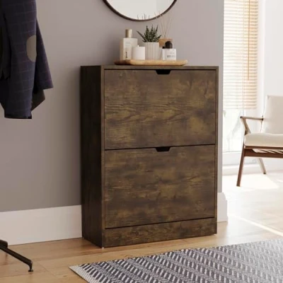 Afbeelding van Vida Designs Schoenenkast met 2 laden, ruimtebesparende slanke schoenopbergkast klapladen, hal en woonkamermeubels FSC 100 gecertificeerd (donker hout)