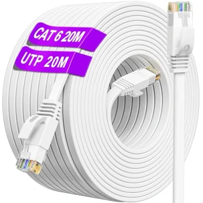 Afbeelding van Ethernet Kabel 20m Cat 6, Buiten Binnen Netwerkkabel Hoge Snelheid, Wit Plat RJ45 Internetkabel 1000Mbps 250MHz, Lang UTP Gigabit LAN CAT6 Patchkabel voor Router Switch Modem (20 Clips)
