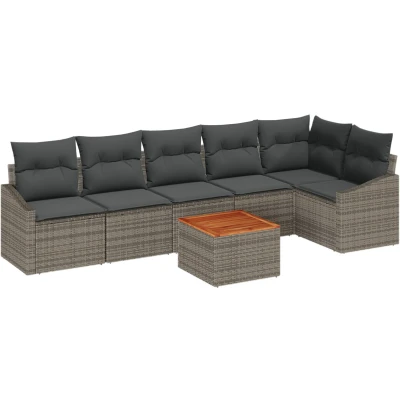 Afbeelding van vidaXL 7 delige Tuin Sofaset met Kussens Grijs Poly Rattan Acacia