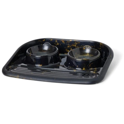 Afbeelding van Savic butler voerbak en drinkbak met plateau marble zwart / goud 45x36x8 cm 2x300 ml