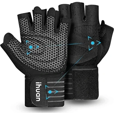 Afbeelding van ihuan Geventileerde gewichtheffen Gym Workout Handschoenen met polsbandondersteuning voor mannen en vrouwen, volledige palmbescherming, gewichtheffen, training, fitness, ophangen, pull ups (L,