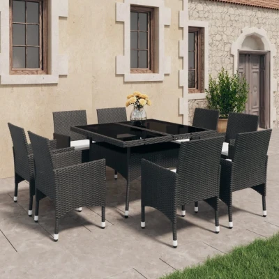 Afbeelding van 9 delige Tuinset poly rattan en glas zwart