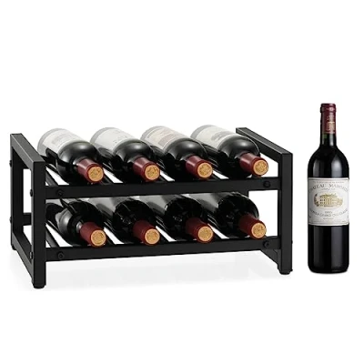 Afbeelding van COSTWAY Wijnrek van metaal, flessenrek met 2 planken, voor maximaal 8 flessen, flessenstandaard, zwart, wijnflessenhouder, wijnfleshouder, wijnhouder keuken, eetkamer, bar en wijnkelder