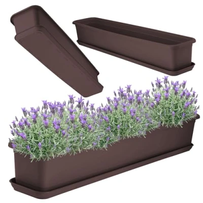 Afbeelding van KADAX Wamat, bloembak met onderzetter, balkonbak van kunststof, plantenbak voor binnen en buiten, bloempot balkon, terras, vensterbank (80 cm, bruin)