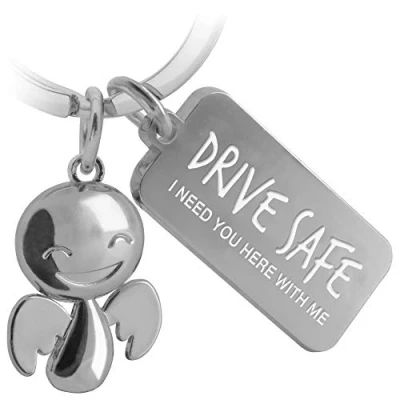Afbeelding van FABACH Drive Safe Sleutelhanger Happy met gravure, schattige autosleutelhanger boodschap van metaal, voor automobilisten, cadeau, geluksbrenger, autorijbewijs, zilver, Eén maat