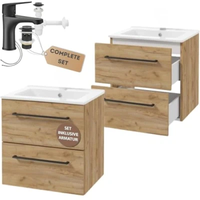 Afbeelding van Deftrans Wastafelonderkast hangend met laden 50 x 46 cm hout, wastafel onderkast onderkast, spoelkast gootsteen en armatuur