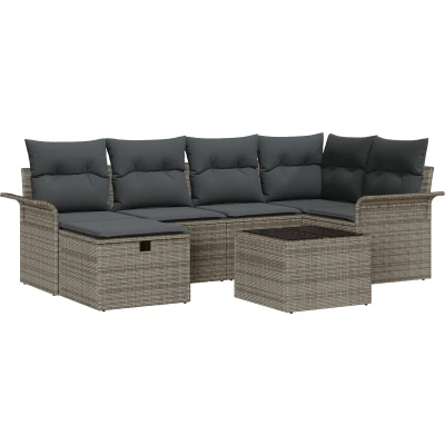 Afbeelding van vidaXL 7 delige tuinsofa set met kussens grijs poly riet