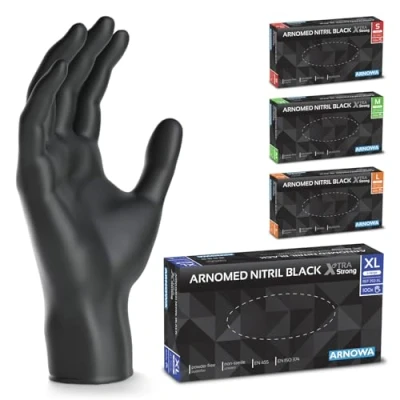 Afbeelding van ARNOMED wegwerphandschoenen zwart extra sterk, in XL, 50% dikkere nitril handschoenen, 100 stuks per doos, poedervrij, latexvrije handschoenen S, M, L &amp; XL