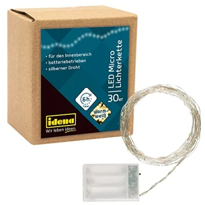 Afbeelding van Idena 31824, micro led lichtketting met 30 leds in warmwit, 6 uur timerfunctie, werkt op batterijen, ca. 3,2 m lang, voor feestjes, Kerstmis, decoratie, bruiloft, sfeerlicht