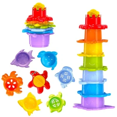 Afbeelding van Fancy Baby Stapeltoren Piramide 29 cm , Badspeelgoed 1 Jaar + Bad Speelgoed Speelset van 7 Badspeeltjes met Dieren Stapelbeker Water en Buitenspeelgoed