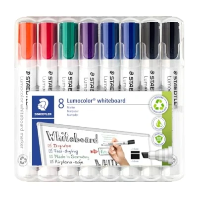 Afbeelding van Staedtler Lumocolor 351 B WP8X Whiteboard marker (wigpunt ca. 2 of 5 mm lijnbreedte, set met 8 markers, hoge kwaliteit, droog en zonder resten afwasbaar van whiteboards)