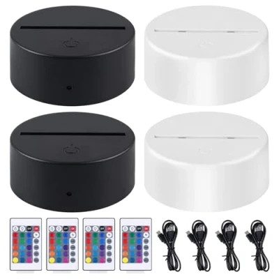Afbeelding van 4 stuks 3D LED nachtlampje lichtsokkel: sokkel met afstandsbediening en USB kabel, illusielamp 7 kleuren dimbaar, decoratie lamp voor kinderkamer, woonkamer, winkel (2 wit, 2 zwart)