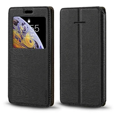 Afbeelding van Nokia 215 4G hoesje, houtnerf lederen hoesje met kaarthouder en venster, magnetische flip cover voor