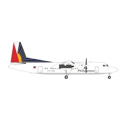 Afbeelding van Herpa vliegtuig model Philippine Airlines Fokker 50 PH PRG, schaal 1:200 voor verzamelaars, miniatuur deco, metaal met onderstel