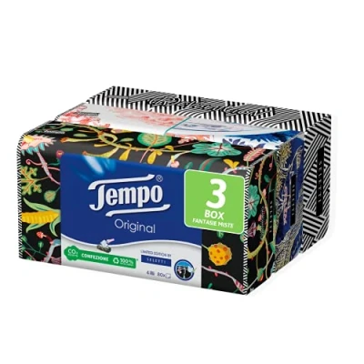 Afbeelding van Tempo, Papieren zakdoekjes, 3 dozen met 80 wegwerpdoeken, 4 sluiers, Box Limited Edition Firmata Marras, verschillende afbeeldingen, recyclebaar