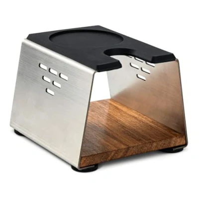 Afbeelding van VIENESSO Tamperstation voor de barista, elegant aandrukstation zeefdrager (51 58 mm), van roestvrij staal en hout, tampingstation als tamperplank (alle afmetingen)