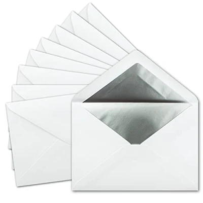 Afbeelding van FarbenFroh door Gustav Neuer enveloppen, 25 stuks in wit met zilverkleurige zijdevoering, formaat C5, blanco postenveloppen zonder adresvenster, 15,7 x 22,5 cm, natte plakrand