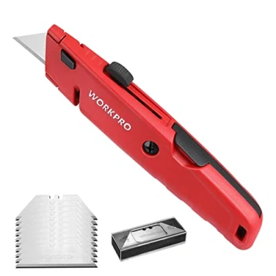Afbeelding van WORKPRO Carpet mes van massief metaal, intrekbaar universeel met lemmetopslag, snelwissel cuttermes garensnijder, incl. 13 SK5 reservemesjes, rood