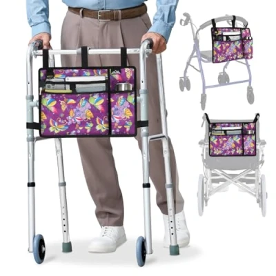 Afbeelding van supregear Accessoires Tas voor Rollator, Rolstoel, Walker Mand met Bekerhouder Senioren Caddy Bevestiging Zak Rollators, Waterbestendig Grote Capaciteit Draagtas (Purper vlinder)
